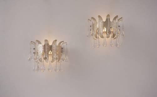 Ernst Palme wall lights for Palwa, a pair, silver plated & crystal, 1960`s, German